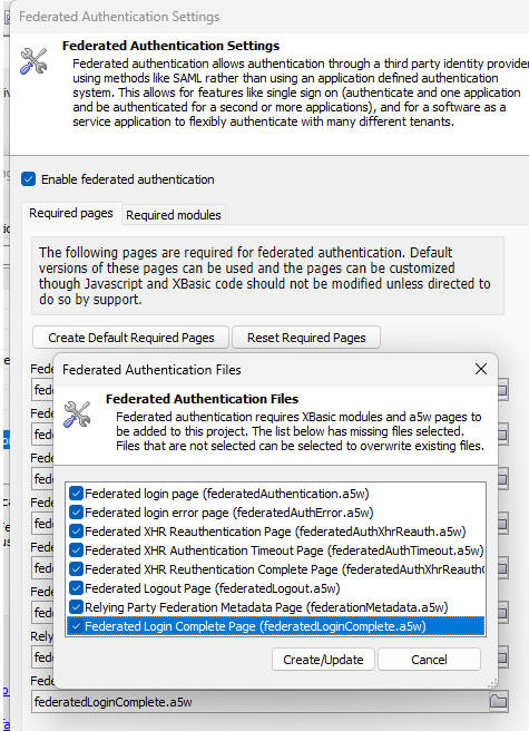 Configuration dialog showing Reset Required Pages and Reset
Required Modules for federated authentication updates.